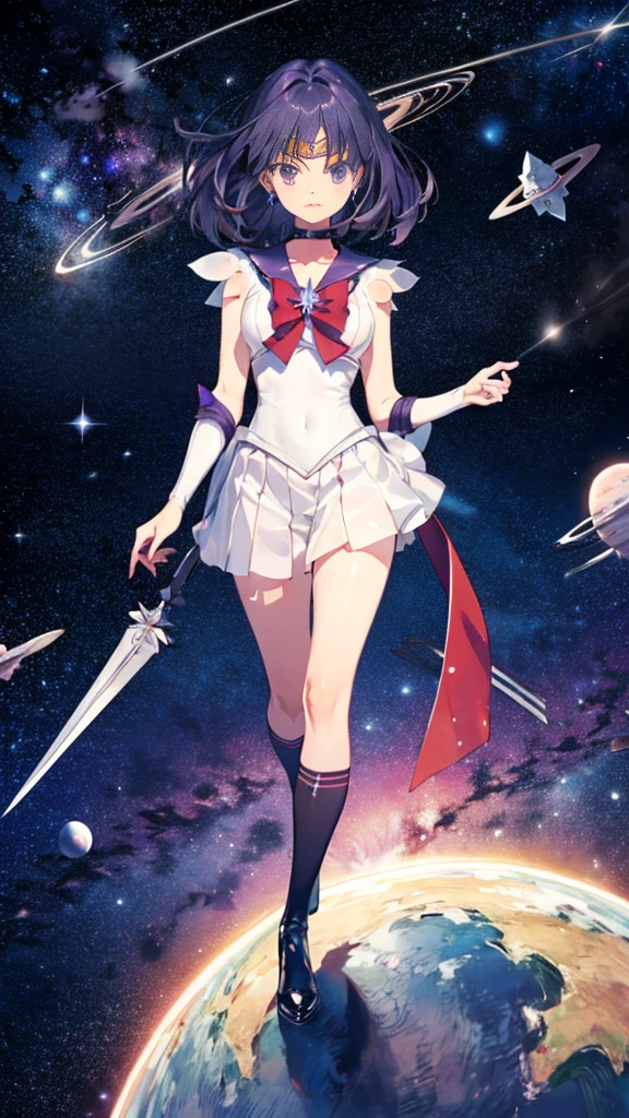 (full body),Sailor Saturn, purple Sailor collar, Sailor collar, Sailor Warrior Uniform, Gold tiara on forehead, Tomoe Hotaru, space, silence_sword,, (masterpiece:1.2), (Highest_quality:1.2), (Ultra_detailed:1.3), 8k, very_clear,