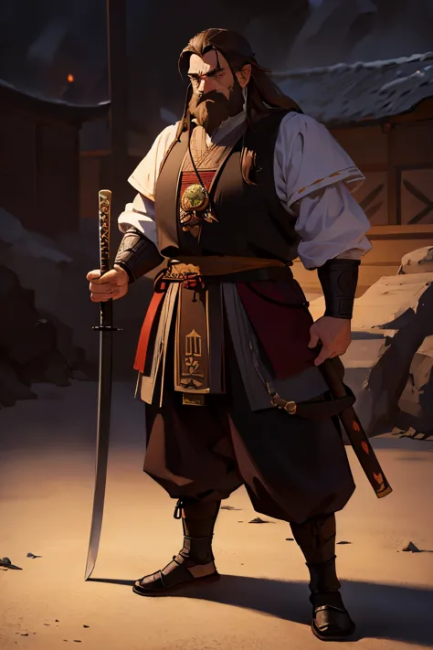 1 dwarf man, 120 years old, long dark brown hair, no beard, brown eyes, serious smile, wearing japanese style clothing, katana i...