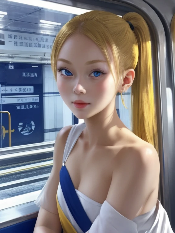 masterpiece, highest quality, One girl, , take a train,
Yellow high ponytail、 Blue eyes
 