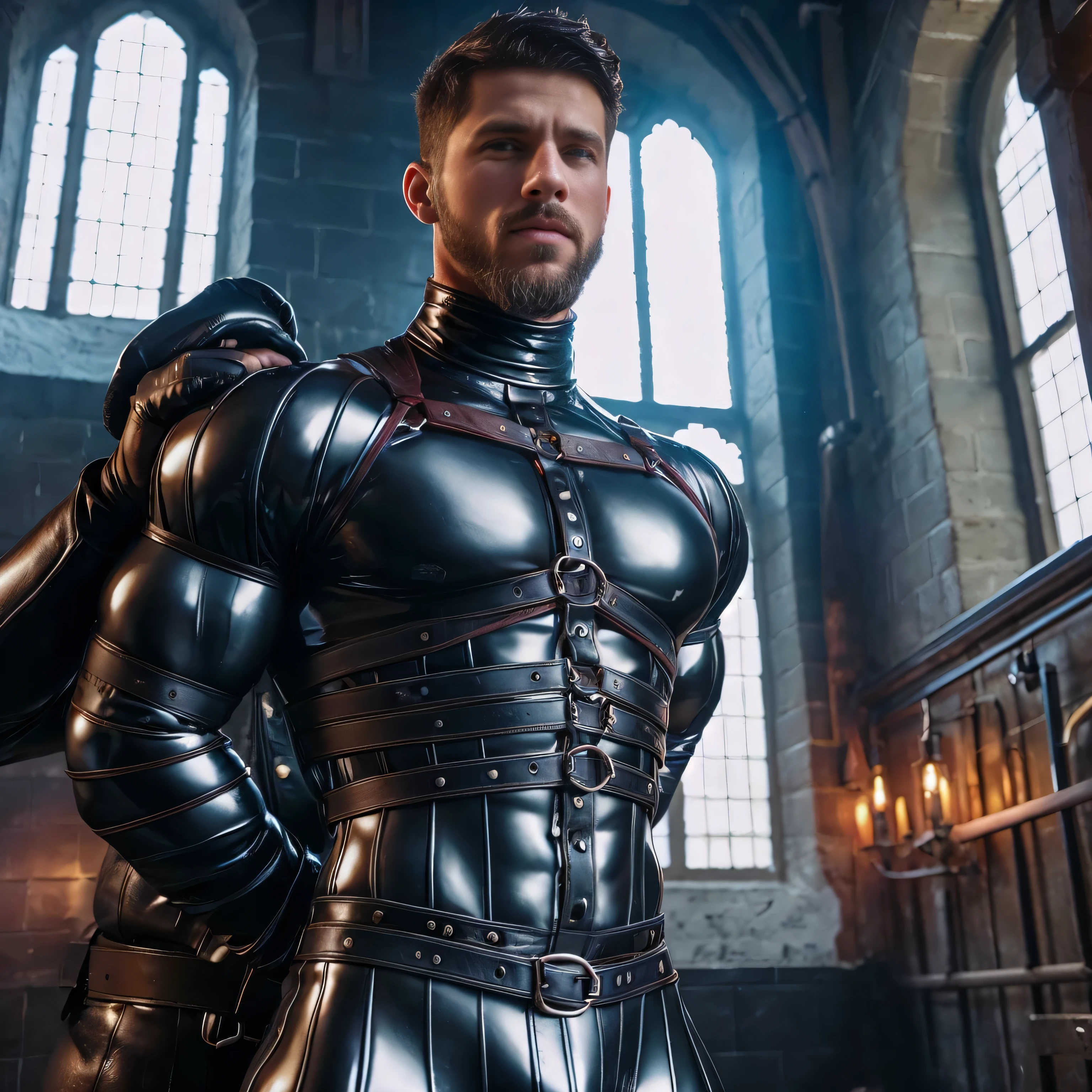 muscular guy in rubber with goaty beard and black hair