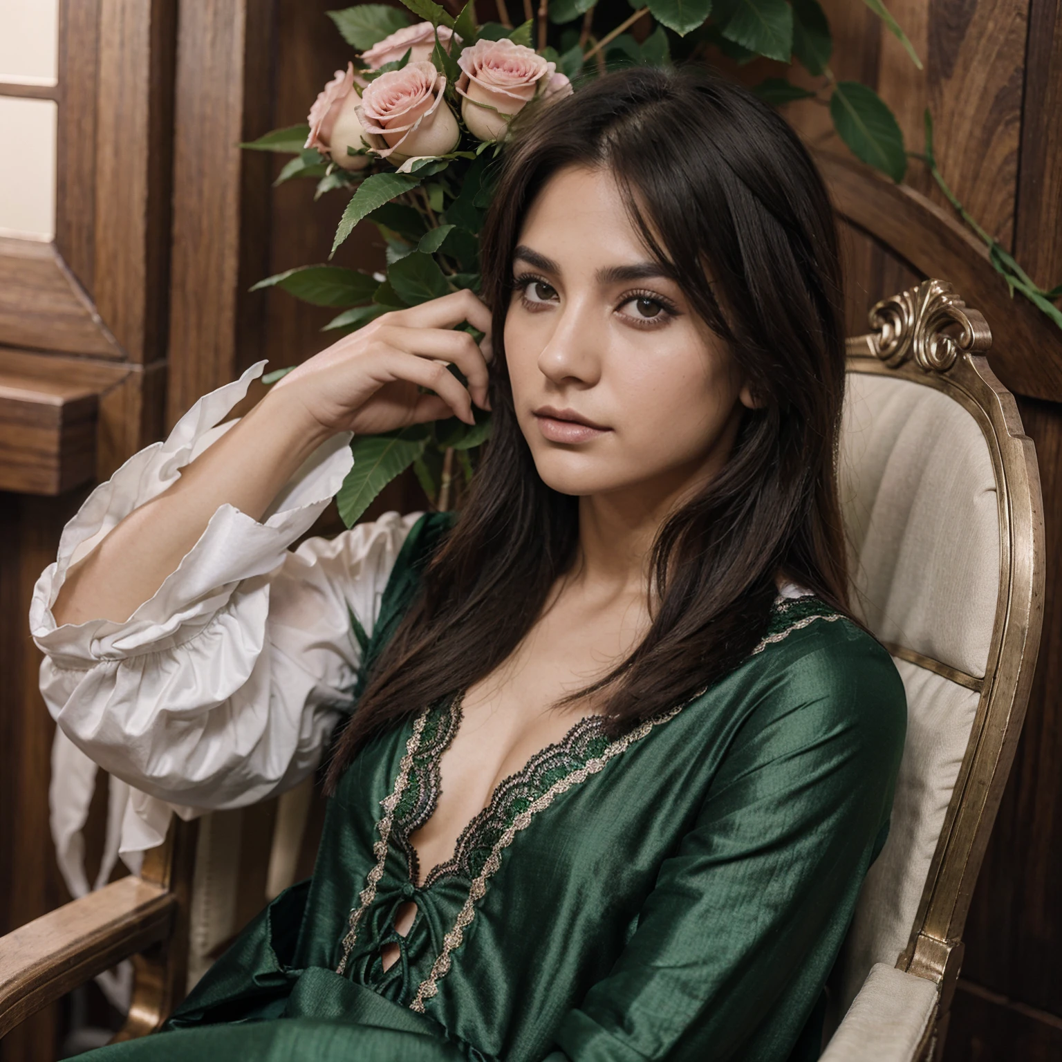 Foto realista de chico guapo,  vestido de traje de la realeza, ojos verdes, cabello oscuro , sentado en un trono, con rosas a su alrededor, calaveras en el suelo 