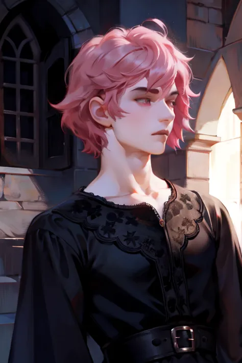 hot male, short pink hair, gothic revealing  dress, masc