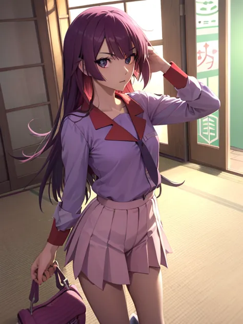 Senjougahara Hitagi , Senjougahara Hitagi , pelo largo, pelo morado, , (ojos azules:1.1), , , naoetsu alto uniforme escolar, Ant...