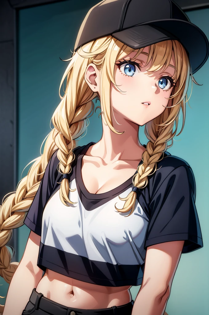a blonde haired woman in a baseball cap and a black shirt, 1girl, solo, blue eyes, hat, blonde hair, breasts, braid, twin braids, long hair, crop top, short sleeves, looking at viewer, shirt, collarbone, baseball cap, midriff, cleavage, bangs, parted lips, upper body, black shirt, own hands together