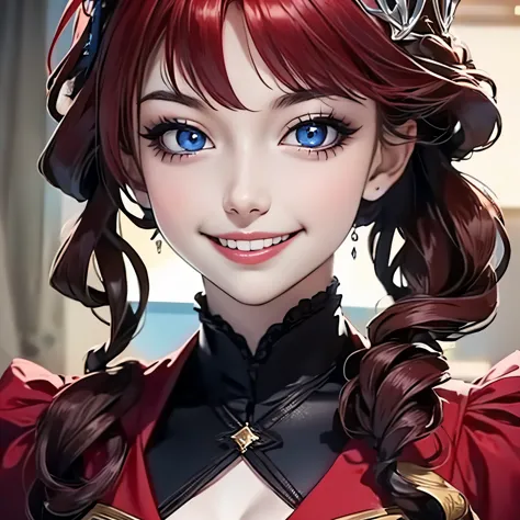 Princesa das trevas com os olhos de sangue, red hair, crown, evil smile, anime style, lens flare, high detail, first-person view...