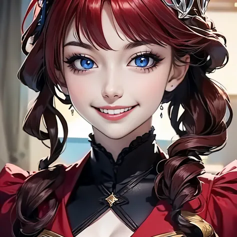 princesa das trevas com os olhos de sangue, red hair, crown, evil smile, anime style, lens flare, high detail, first-person view...