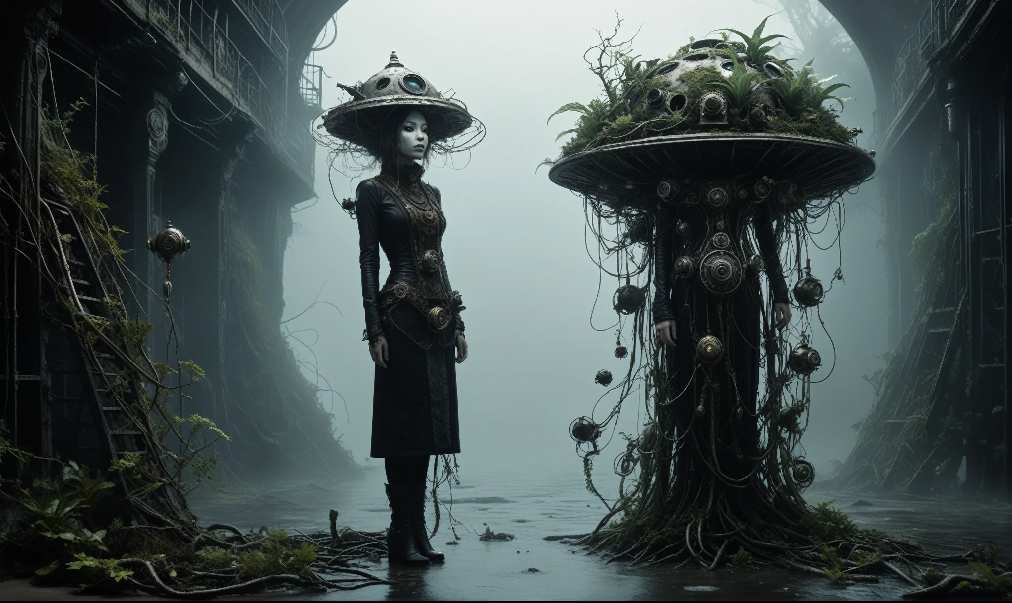 steampunk  fantasy, young plant witch made of dead plants huntering, black and white color mechanical clockwork Spaceship under sea, ominous landscapes,a small floating mkitdecy-planet in concrete and rusted metal struts that looks like a see-mine, low-key, glowing, cinematic,ruined,ruined theme,lots of dust,amazon,full body length,maybe pretty face,full body length, eerie atmosphere, ethereal presence,  swirling mists, supernatural entities, demonic essence, shadowy forms,   dark and twisted branches, macabre elements, otherworldly beauty, ethereal glow, eerie and ominous lighting，Ethereal otherworldly charm，Complicated details，Exquisite features,Surreal atmosphere,captivating creation,After the war，Maritime bazar of science and technology,like Stone Forest in Yunnan Province of Zambia,Simon Stalenhag,Nicola Samori,Wangechi Mutu,intricate details,realism,realistic,extremely detailed,masterpiece,intricate details,eyes extremely detailed, high detailed eyes,32k resolution, Nikon Z9