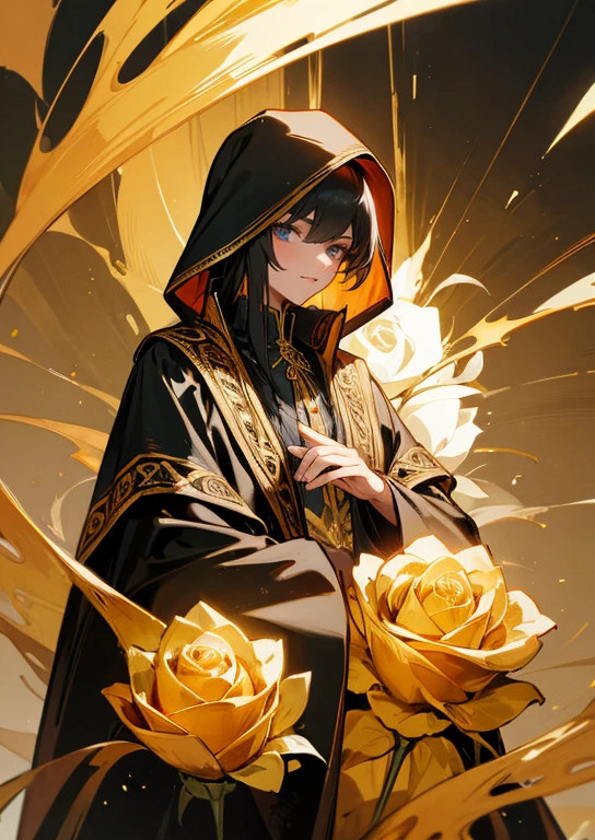 black cloak, gold embroidery on the collar in the shape of a rose