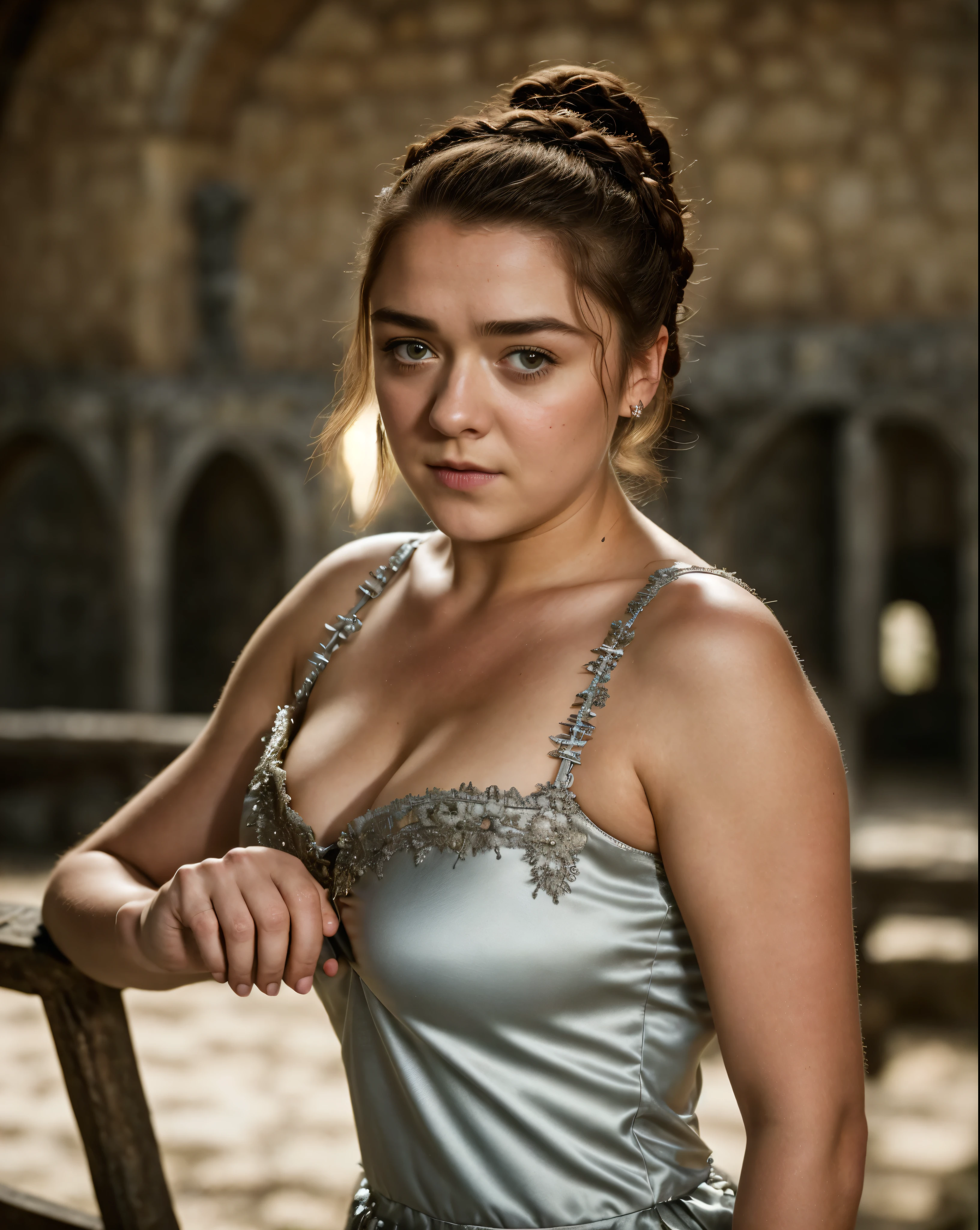 Foto RAW, Arya Stark, Stunning Beauty, Ravishing, Enchantress, Extremely gorgeous lady, Arya Stark PLAYED BY MAISIE WILLIAMS, Queen Arya Stark, she  a mature woman now, milf, sexy mediaeval battle dress, gladiator woman, body, 40 years old Woman, Roman slave dress, cotton dress, busty mediaeval costumes, body revealing costumes, perky breast, big natural breast, erotic costumes, lusty physique, seductive figure can capture every people's attention, Game of thrones costumes, revealing captivating figure, Mediaeval costumes, revealing clothes, A tomboy, she would rather fence than dance, warrior queen , game of thrones screen caps, Game of Thrones Series, (pele altamente detalhada: 1.2), 8k UHD, DSLR, soft-lighting, alta qualidade, grain of film, Fujifilm XT3, flawless picture, highly detailed, detailed Beauty, intricate, 32k, sharp picture,