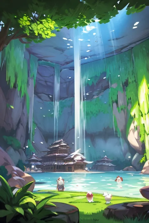 Made in the abyss, Nanachi, small and sexy body, bathing in an underground lake, surprised look, dynamic vision, POV, anime cine...