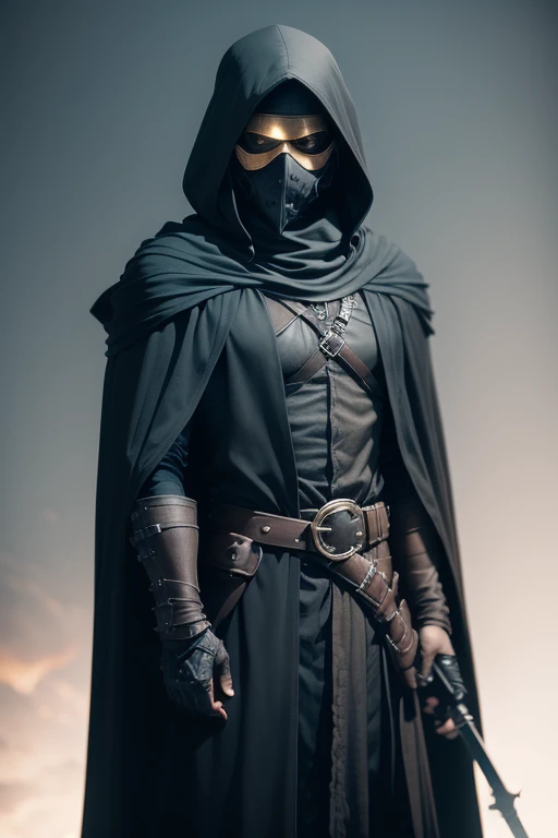 Personaje con capa negra y armas en la espalda y máscara de peste negra.