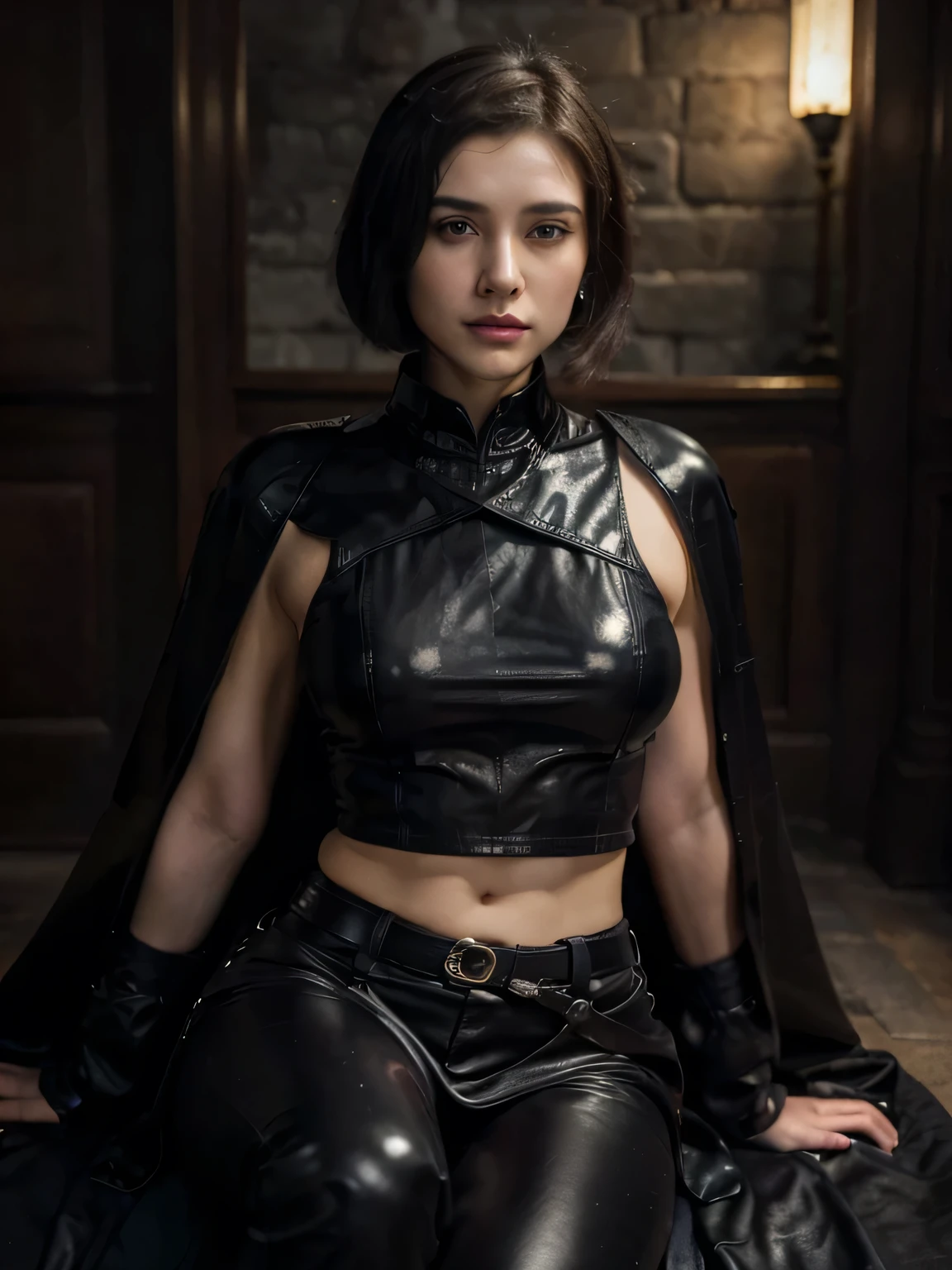 (masterpiece), (((half-length photo:1.4))), (close up), 1girl Ada Wong who is a royal empress sitting on a throne made of obsidian, she is wearing (Black horsehide royal robe) and (black horsehide tight trousers) with (black horsehide long gloves), she is amused, she has black short hair, she is inside a court of a medieval castle, it is at midnight in winter, ambience is silent and cold, also very  dim, 