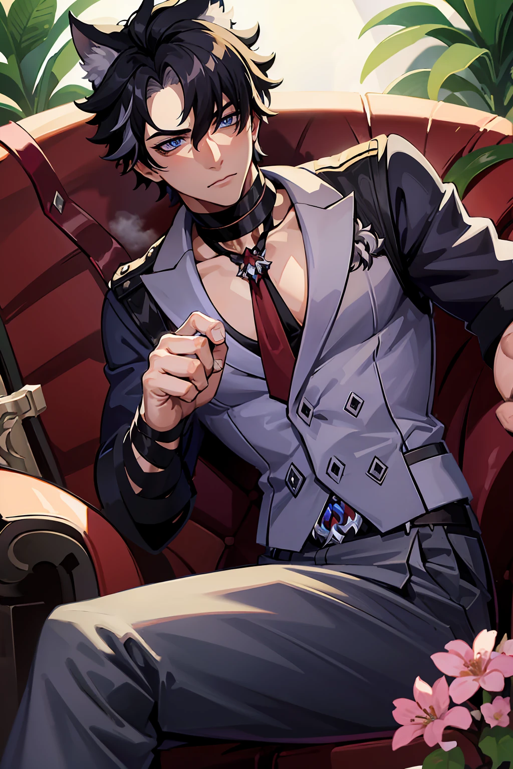 absurdres, highres, ultra detailed, HDR, master piece, best quality, perfect face, Wriothesley, black hair, expressive blue eyes, Genshin Impact, solo, sexy man, handsome, toned chest, showing the chest, horny, sensual, erotic, black shirt, red necktie, gray pants, sitting on a couch, flowers, petals, room