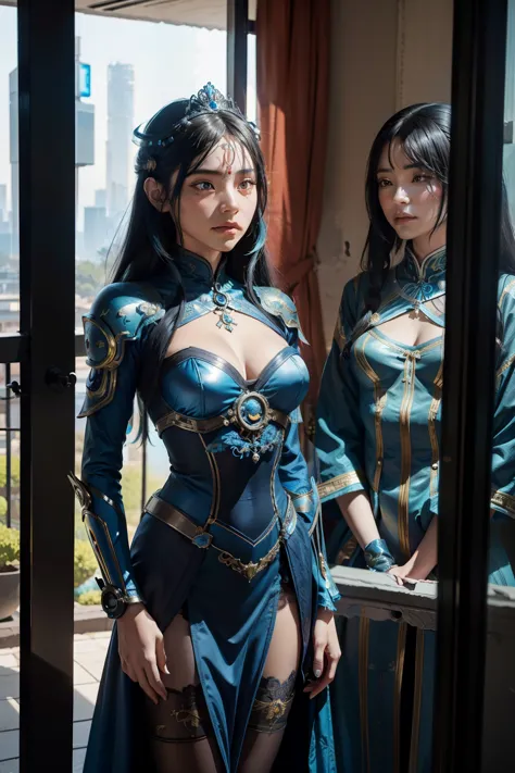 two women, twins,  in costumes are standing in a room, as lady mechanika, static Prometheus frame, blue body paint, cyberpunk or...