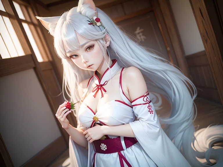 there is a woman with a white dress and a red rose in her hair, anime cosplay, anime girl cosplay, cosplay photo, anime style mixed with fujifilm, cosplay, white haired deity, a beautiful kitsune woman, cosplayer, white cat girl, girl silver hair, nekomimi, anime girl in real life, ayaka cosplay, white hime cut hairstyle