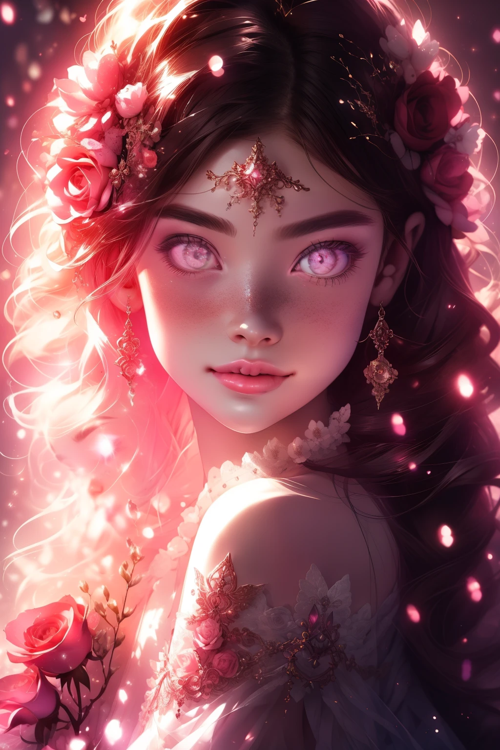 (This is a beautiful, intricate, (romatic) fantasy image that emphasizes beauty and grace.) Generate a blind curvy woman with soft natural freckles. Her face is important and should be (perfectly formed) with (beautiful puffy lips) and (perfect features). There is a cute freckle birthmark on her lip. The image exudes ethereal beauty and soft fantasy, with shimmering shades of pink throughout. Surround her with eternal roses in shimmering shades. Ensure perfection in her face, hair, and eyes. Include sweet and detailed birds and soft, luminous flowers and detailed roses. Utilize dynamic composition and dramatic lighting and cinematic lighting to create an interesting fantasy image. The background of the image is interesting and ultra-detailed, with soft fantasy lighting and gradients. Include fantasy details, cute aura, colorful, colourful, and interesting magical background. The image's background is decorated in shades of pink, shimmer, glitter, and fantasy details like colored bubbles and cosmos. Include subtle freckles, natural freckles and a diffused realistic skin tone. Incorporate elements of high fantasy, whimsy, and detailed elegance. English rose, princess, courtesan, noblewoman, sweet, lovely, calm, lovely, shimmering, glimmering, glittering, astrological fantasy, (((masterpiece))), (highest quality), magic rose, fantasy garden, beautiful face, perfect face, puffy lips, interesting, shy smile, fantasy elements, magic rose, beautiful eyes, perfect puffy lips, jewel tones, luminosity. Taken with a canon camera.