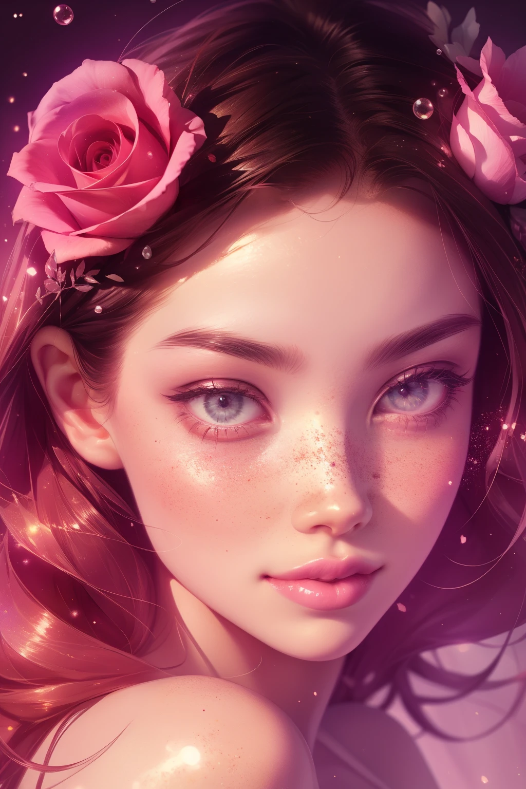 (This is a beautiful, intricate, (romatic) fantasy image that emphasizes beauty and grace.) Generate a blind curvy woman with soft natural freckles. Her face is important and should be (perfectly formed) with (beautiful puffy lips) and (perfect features). There is a cute freckle birthmark on her lip. The image exudes ethereal beauty and soft fantasy, with shimmering shades of pink throughout. Surround her with eternal roses in shimmering shades. Ensure perfection in her face, hair, and eyes. Include sweet and detailed birds and soft, luminous flowers and detailed roses. Utilize dynamic composition and dramatic lighting and cinematic lighting to create an interesting fantasy image. The background of the image is interesting and ultra-detailed, with soft fantasy lighting and gradients. Include fantasy details, cute aura, colorful, colourful, and interesting magical background. The image's background is decorated in shades of pink, shimmer, glitter, and fantasy details like colored bubbles and cosmos. Include subtle freckles, natural freckles and a diffused realistic skin tone. Incorporate elements of high fantasy, whimsy, and detailed elegance. English rose, princess, courtesan, noblewoman, sweet, lovely, calm, lovely, shimmering, glimmering, glittering, astrological fantasy, (((masterpiece))), (highest quality), magic rose, fantasy garden, beautiful face, perfect face, puffy lips, interesting, shy smile, fantasy elements, magic rose, beautiful eyes, perfect puffy lips, jewel tones, luminosity. Taken with a canon camera.