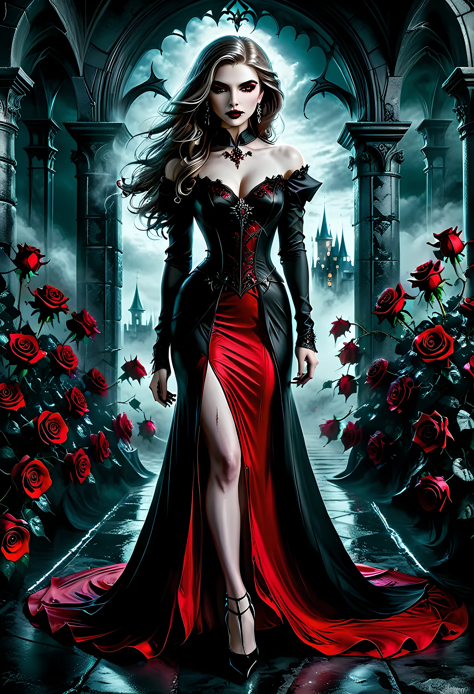 Dark фэнтези-арт, фэнтези-арт, готическое искусство,  картинка женщины-вампира, Изысканная красота, выстрел в полный рост, мрачный гламурный снимок,  бледно-белая кожа, темно-русые волосы, Длинные волосы, волнистые волосы, (ледяной серый: 1.3) глаза,  она носит (Красный: 1.5) одеваться, ArmoКрасныйDress, переплетенный с (черный: 1.5)  розы безумный неон-нуар, высокие каблуки, темный фон замка, крыльцо, Бешеная туманность