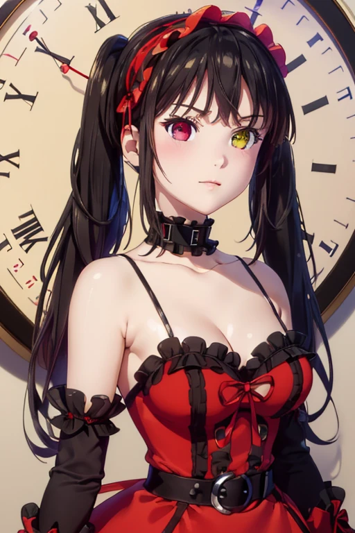 (((pixel-perfect, detail-perfect))), solo, 1girl,  masterpiece, best quality, absurdres, KurumiBase, (clock eyes), heterochromia, twintails, hairband, red dress, frills, detached sleeves, frilled choker, upper body, portrait, smug,