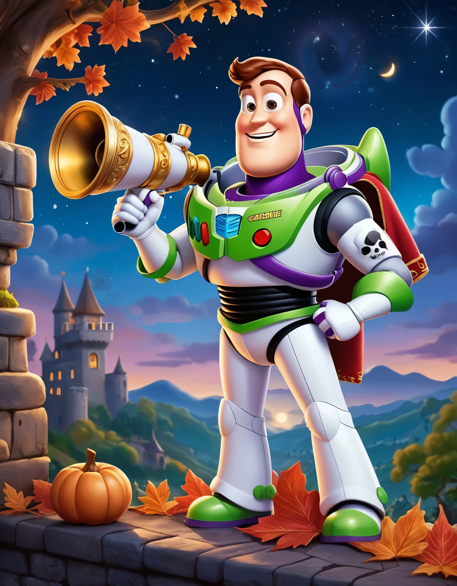 Cute cartoon illustration, (masterpiece in maximum 16K resolution, superb quality, ultra detailed:1.3), menacing ((Buzz Lightyear)) holding a decorative sharp scythe with the ((heart-shaped glowing top)), ((wearing an intricately designed sophisticated full dark cloak)) of purple, summer forest cemetery at misty night, (grand obelisk), ((blurry background)).