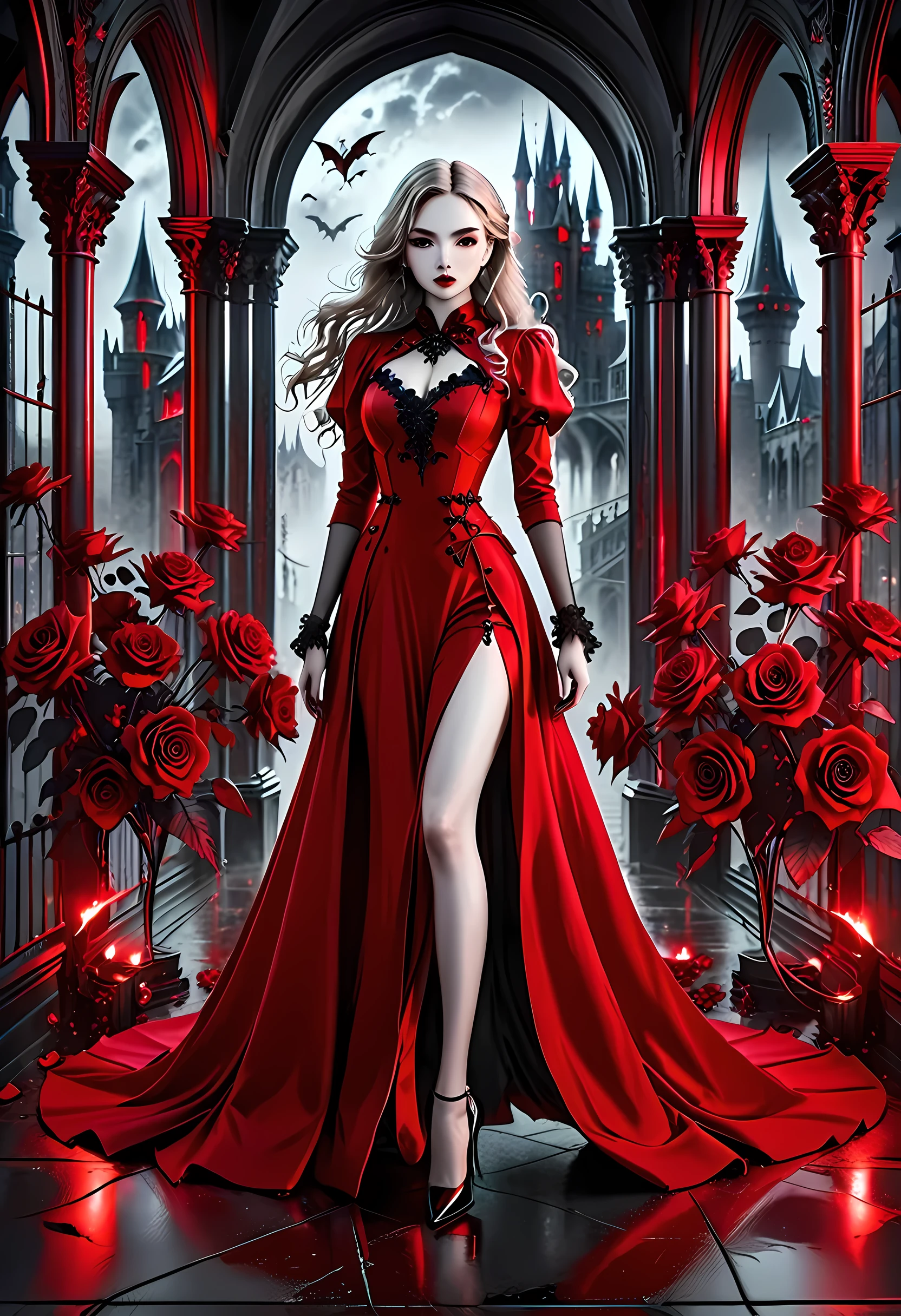 Dark fantasy art, fantasy art, goth art,  a picture of a female vampire, exquisite beauty, full body shot, dark glamour shot,  pale white skin, dark blond hair, long hair, wavy hair, (icy grey: 1.3) eyes,  she  wears a (red: 1.5) dress, ArmoredDress, entwined with (black: 1.5)  roses mad-neon-noir, high heels, dark castle background, porchm, RagingNebula