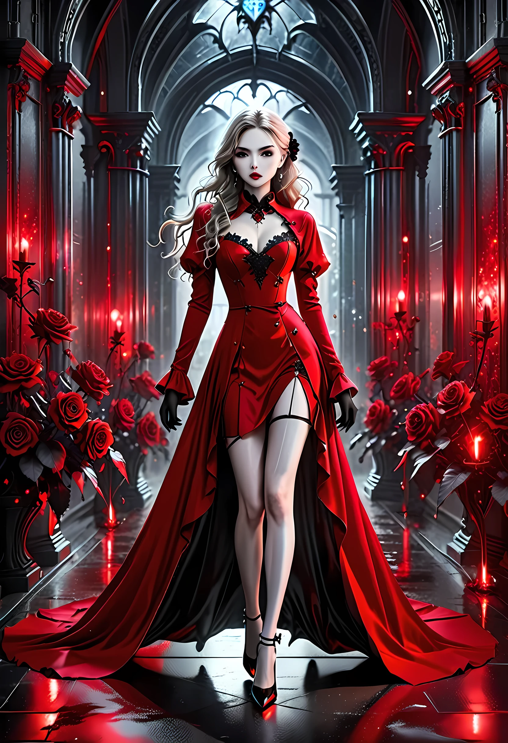 Dark fantasy art, fantasy art, goth art,  a picture of a female vampire, exquisite beauty, full body shot, dark glamour shot,  pale white skin, dark blond hair, long hair, wavy hair, (icy grey: 1.3) eyes,  she  wears a (red: 1.5) dress, ArmoredDress, entwined with (black: 1.5)  roses mad-neon-noir, high heels, dark castle background, porchm, RagingNebula