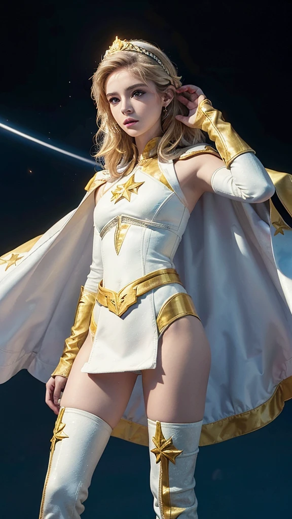 Starlight cara de la actriz Erin Moriarty de The Boys sobrevolando la ciudad, semidesnuda, small and spectacular sexy iconic white costume with cape, logo de estrella dorada en el traje, very sexy small clothes, ornate golden wristbands, botas blancas con dorado adornadas, el viento levanta su capa, joven, cuerpo muy delgado, super skynny body, small and beautiful buttocks, abdomen tonificado, I can see her beautiful and perfect small breasts, escote amplio, piernas hermosas, manos perfectas, intelligent, heroic, light particles surround your body, poder resplandeciente, obscena, super powerful, sensual, ella esta volando y observa la ciudad desde el cielo, New York city, Empire State, se observa la luna grande en el fondo, laser glowing eyes, diadema blanca en el cabello, classic hairstyle,Hair dyed in bright blonde color, Best quality,8K,A high resolution,Masterpiece,Ultra detailed,Realistic, Photorealistic,photo realistic