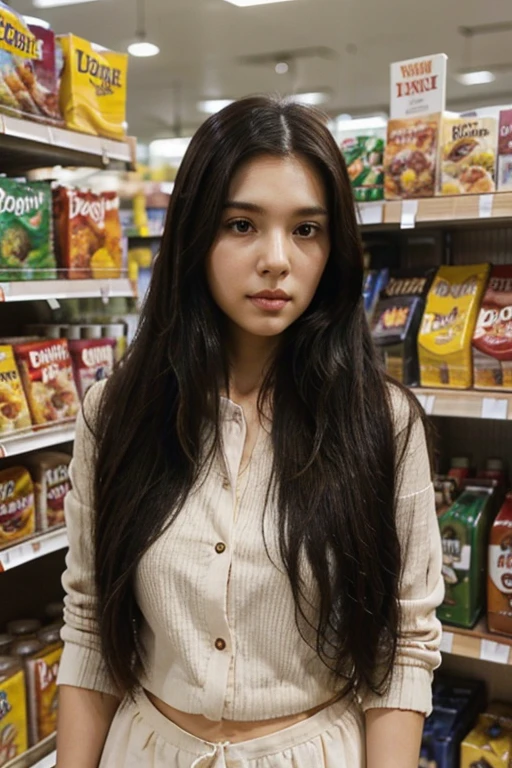 Lindo cabello negro largo y liso, Ojos cafés, Chica de cara redonda, parada en medio del supermercado con el pelo suelto