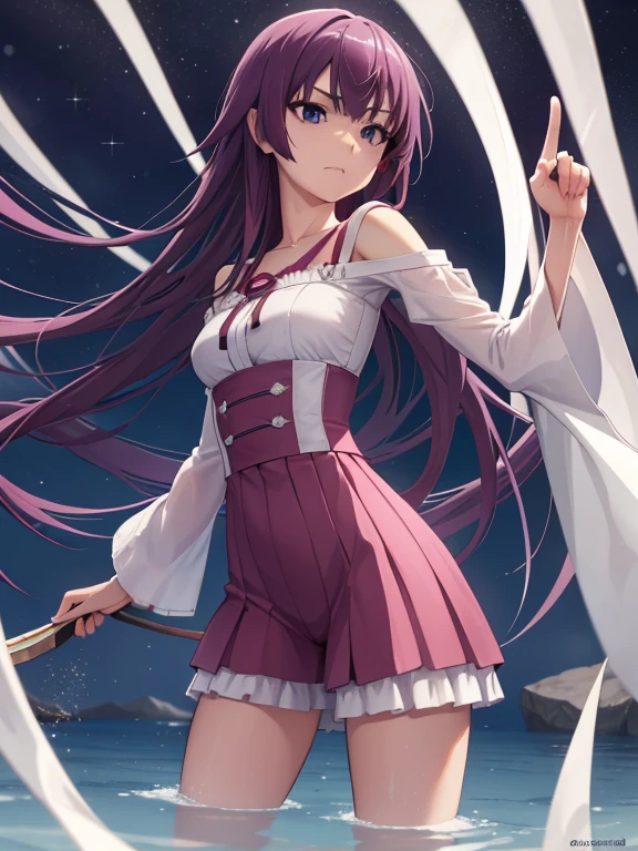 mesa, of the highest quality, high resolution, 1 girl, Hitagi Senjogahara, Hitagi Senjogahara, by the wide, blue eyes, purple hair, (medium breasts:1.2), ROMPER skirt, thighs thighs thighs, , Atar, black stockings, The Great Passage, tall naoetsu , Take a break to observe the audience., take a break outside,utility knife,,Aim at the enemy,A face full of murderous intent.,
