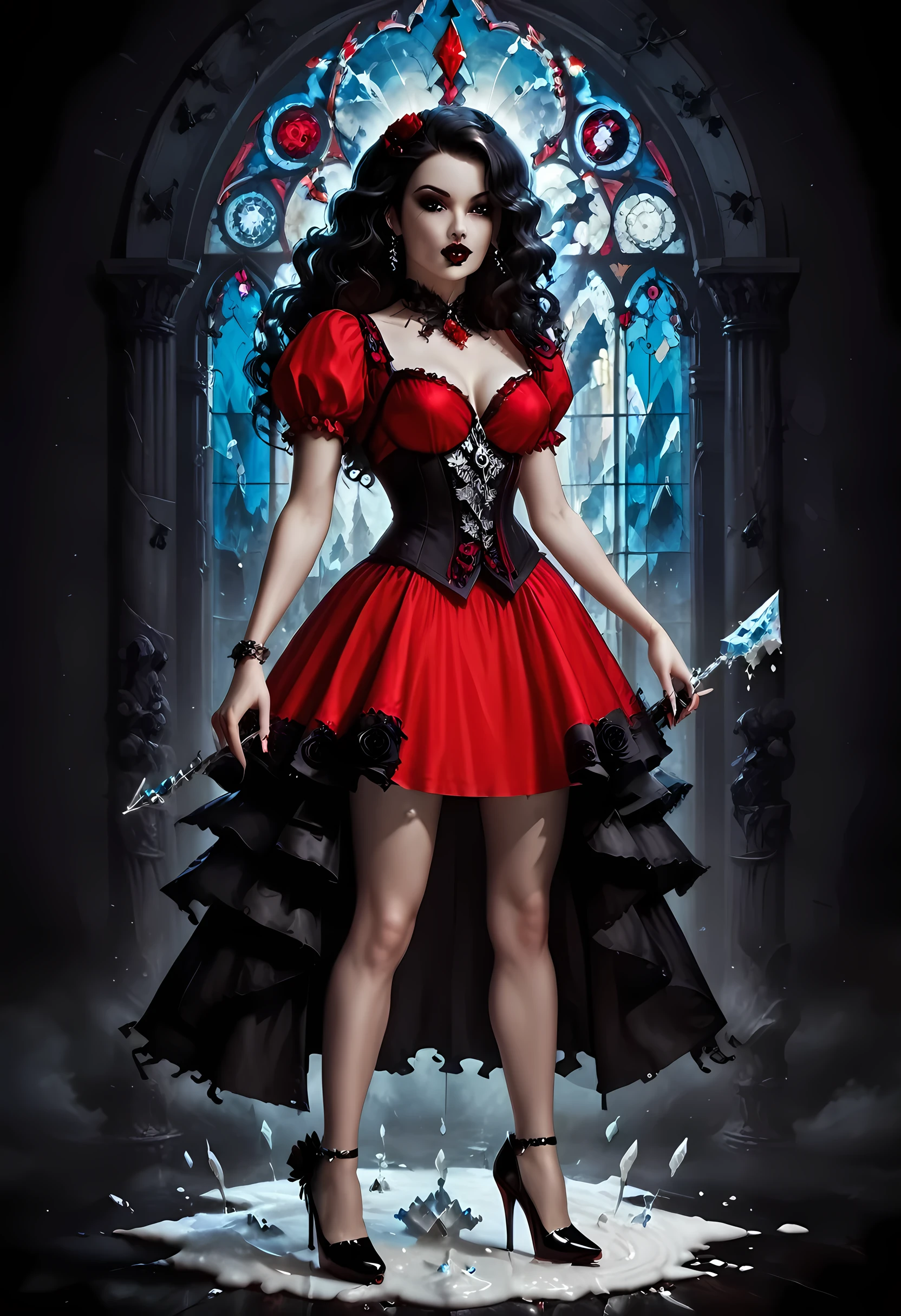 Dark fantasy art, fantasy art, goth art,  a picture of a female vampire, exquisite beauty, full body shot, dark glamour shot,  pale white skin, dark blond hair, long hair, wavy hair, (icy grey: 1.3) eyes,  she  wears a (red: 1.5) dress, ArmoredDress, the dress is decorated with (black: 1.5)  roses mad-neon-noir, betmd, high heels, dark castle background, porchm, RagingNebula