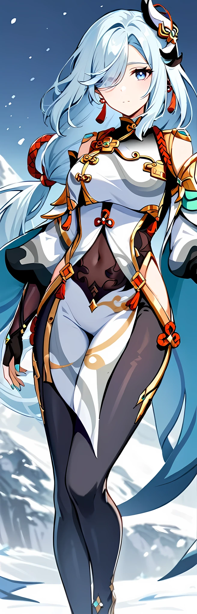 shenhe_(genshin_impact), genshin_impact, 1girl, aqua_nails, black_bodysuit, bodysuit, breast_curtain, chinese_knot, clothing_cutout, covered_navel, earrings,  gloves, grey_eyes, hair_over_one_eye, hip_vent, jewelry, long_hair, low-braided_long_hair, low-tied_long_hair, nail_polish, partially_fingerless_gloves, shoulder_cutout,  tassel, tassel_earrings, toenail_polish, toenails, white_hair,In the snowy mountains