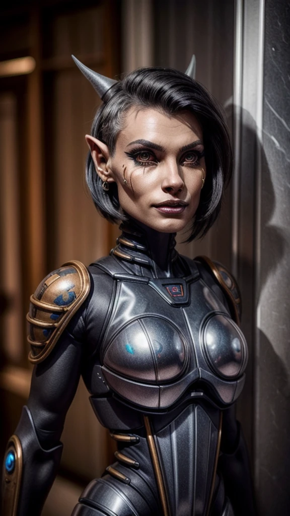 (InquisitorKatarinyaGreyfax), ((FACE ,yvraine)), Inquisitor, , power armor, short hair, black hair, bionic eye,
