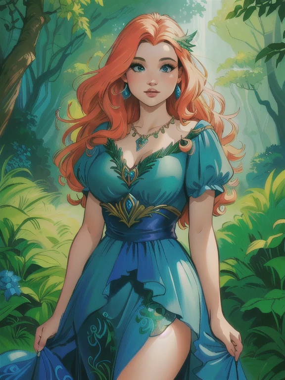 uma pintura de uma mulher com um vestido verde parada em uma floresta, capa de romance de fantasia para jovens adultos, retrato da princesa Mérida, Ilustra??o de fantasia realista, inspirado em Ruth Sanderson, retrato de personagem de fantasia, pintura de fantasia realista, rainha fada da floresta de verão, pintura de capa de livro de fantasia, cavalo michael (motor irreal, arte de fantasia celta, lindo retrato de arte de fantasia, 8K, sexytoon