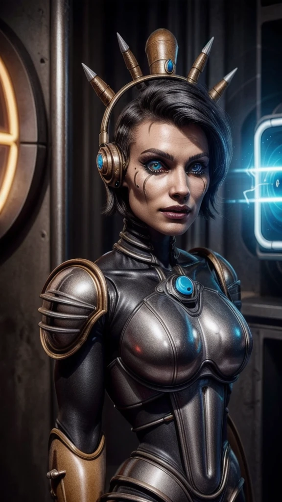 (InquisitorKatarinyaGreyfax), ((FACE ,yvraine)), Inquisitor, , power armor, short hair, black hair, bionic eye,
