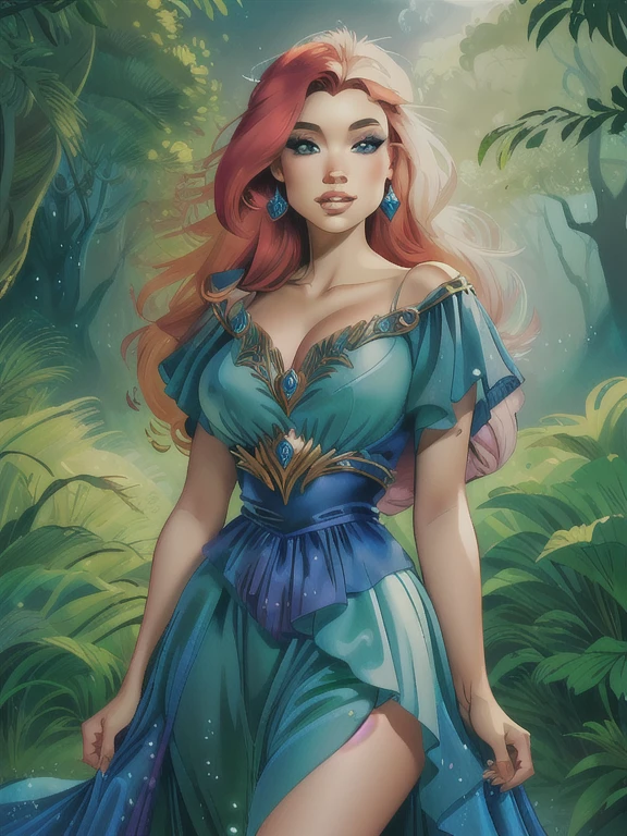 uma pintura de uma mulher com um vestido verde parada em uma floresta, capa de romance de fantasia para jovens adultos, portrait of princess merida, realistic fantasy illustration, inspirado em Ruth Sanderson, retrato de personagem de fantasia, pintura de fantasia realista, Fey Queen of the Summer Forest, pintura de capa de livro de fantasia, cavalo michael (Motor irreal, arte de fantasia celta, lindo retrato de arte de fantasia, 8k, SexyToon