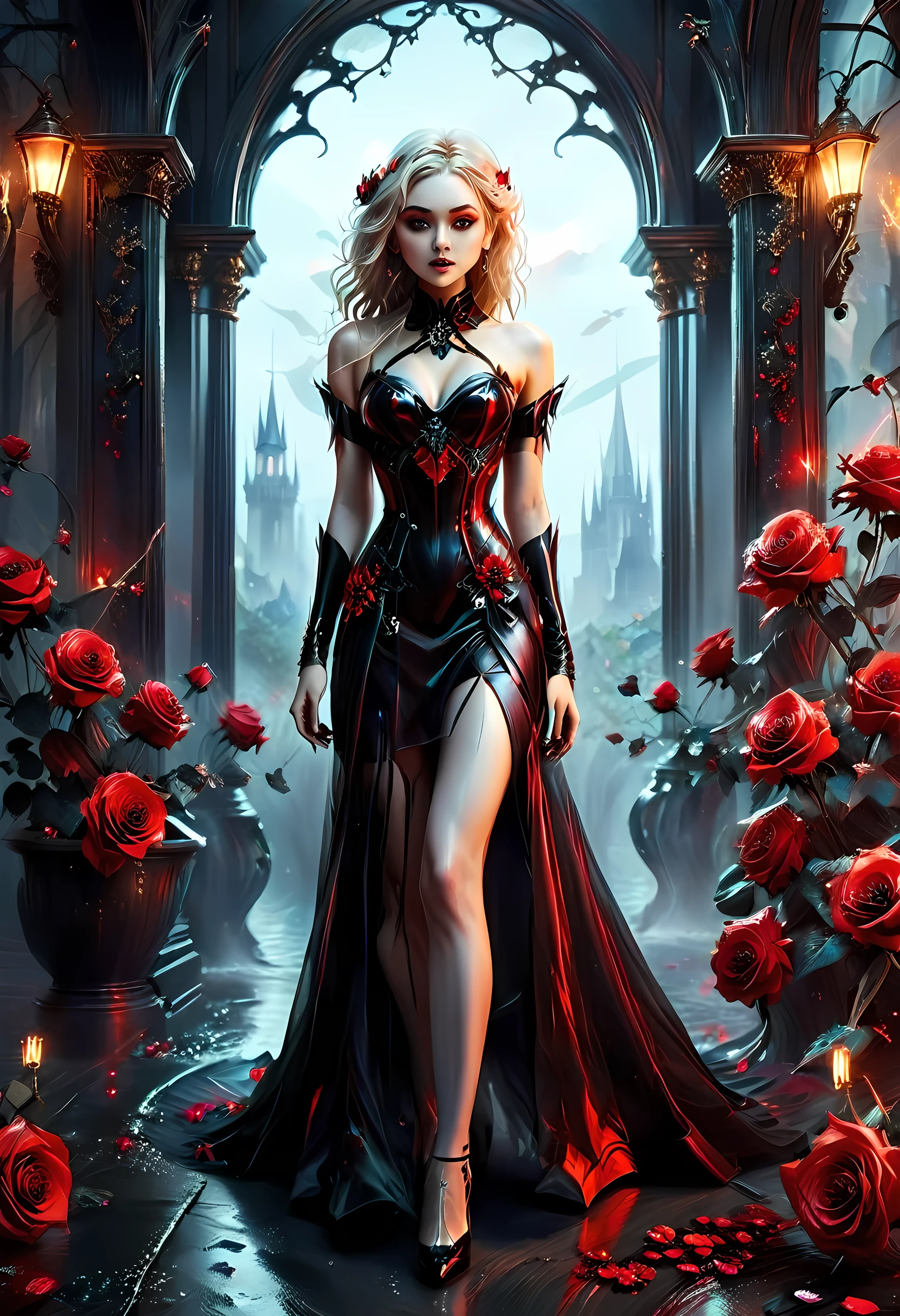 Dark fantasy art, fantasy art, goth art,  a picture of a female vampire, exquisite beauty, full body shot, dark glamour shot,  pale white skin, dark blond hair, long hair, wavy hair, (grey: 1.3) eyes,  she  wears a (red: 1.5) dress, ArmoredDress, the dress is decorated with (black: 1.5)  roses mad-neon-noir, betmd, high heels, dark castle background, porchm, RagingNebula