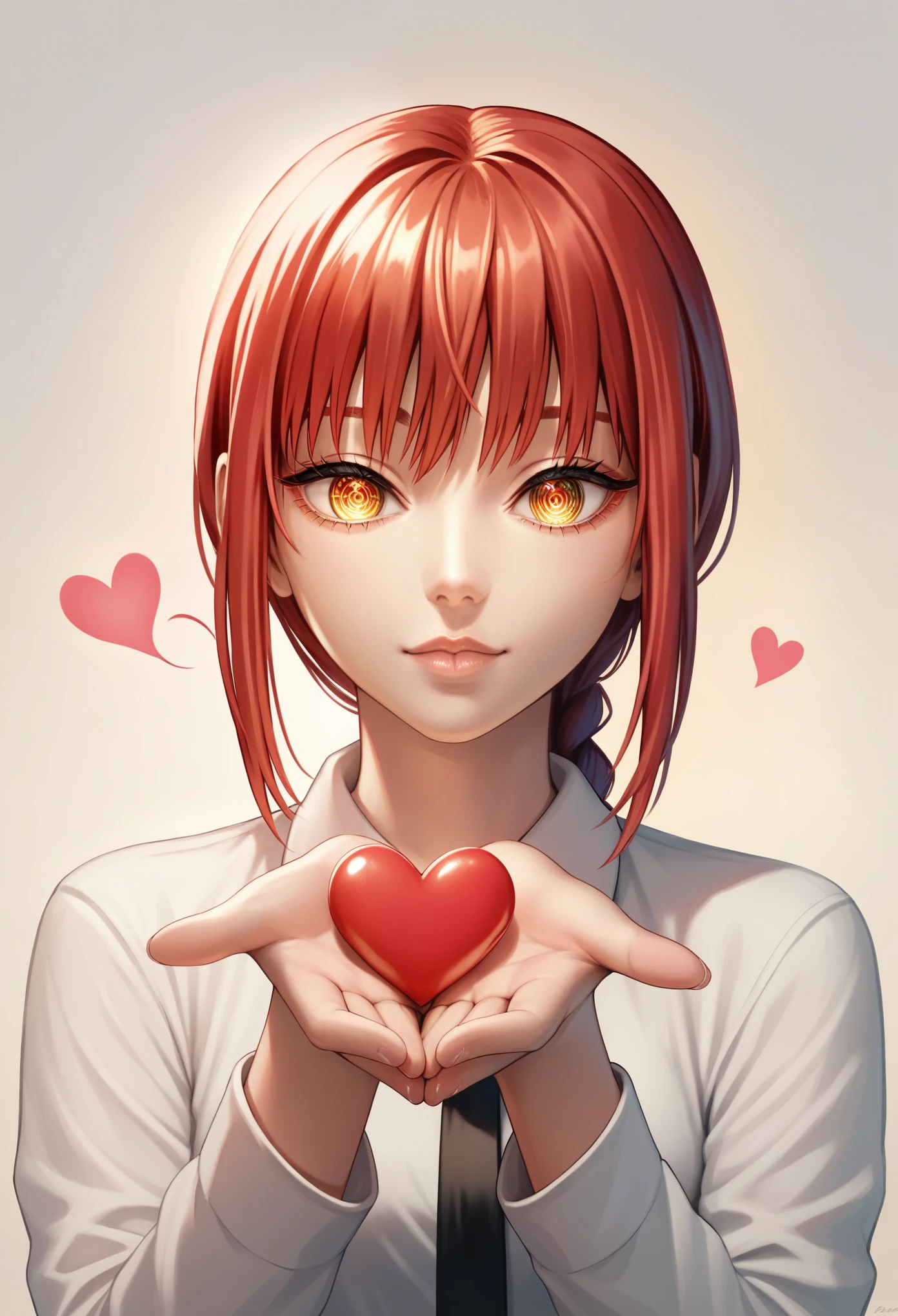 score_9, score_8_up, score_7_up, score_6_up, score_5_up, score_4_up, source_anime, rating_safe, 1girl, solo, makima \(chainsaw man\), detailed eyes, red hair, (blowing kiss, heart), better hands, perfect hands, detailed fingers, covered body: 1.1, joy expression, :o, lips together, closed mouth, cute expression, low lighting, cinematic lighting, night, sunset, (simple background)