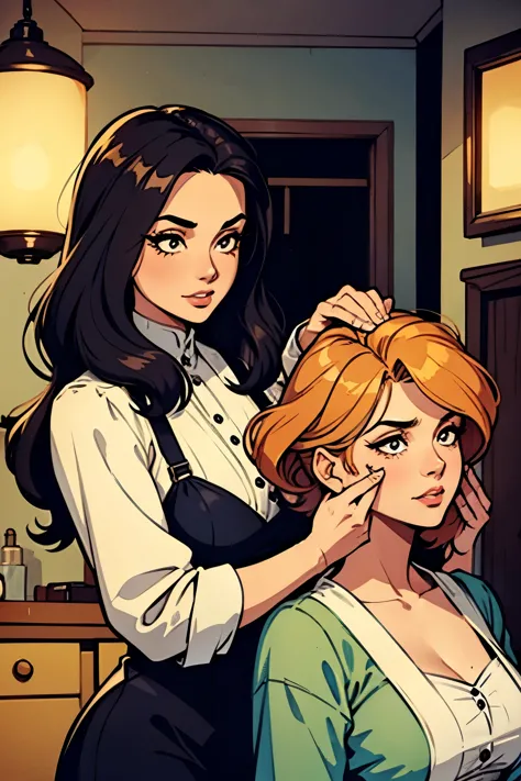 Two beautiful women, vintage hair studio, one woman taking care another woman hair