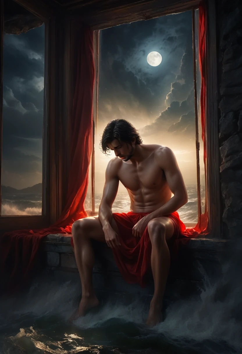 glamor photo of sad 35 year old man (close up: 0.9) topless leaning against a window at the end of the world, masterpiece, best quality, dslr, 8k, 4k, ultra realistic, realistic, ray tracing, scatter underground, volumetric light, 1 man, wet, in red transparent underwear, epic, apocalypse, abandoned, night, film grain, (intricate details), (intricate details, hyperdetailed: 1.2), art station, cinematic shot, vignette, dark theme, complex background, building, seen from below, dynamic pose, single pose, (intricate details, hyper-detailed: 1.2), art station, cinematic shot, vignette, dark theme, complex background, seen from below, dynamic pose , unique pose, ultra detailed portrait, model, shot by famous photographer in CANON 5D MARK, detailed skin with all raw details - ar 4:6 --q 2 --s 750 --v 58k, 4k, ultra-realistic, realistic, ray traced, scattering, volumetric light, 1 man, wet, in transparent underwear, epic, abandoned, night, film grain, (intricate detail),The sad man is sitting by the sea in complete darkness and appears alone among the folds of darkness. He looks full of sadness and pain as his eyes don't seem to contain a single drop of joy. Dressed in transparent underwear that surprises with its strange and interesting beauty. The sad soul rests on his face and expresses the deep pain that afflicts him. This is reflected in his lost perspective and difficult passage through life. His chiseled stature and the expanse of his lifeless hands reveal the sadness that resides in his heart. The choppy waters, at this specific moment, seem to be a symbol of the internal storms he is experiencing. The waves dance violently and conflict with the sad boy's feelings. In this case, the full moon, which still shines in the night sky despite the darkness surrounding it, adds a hidden hope and a little light to your face, which is drowned in sadness. The image carries a spirit of sadness, loneliness and grief,