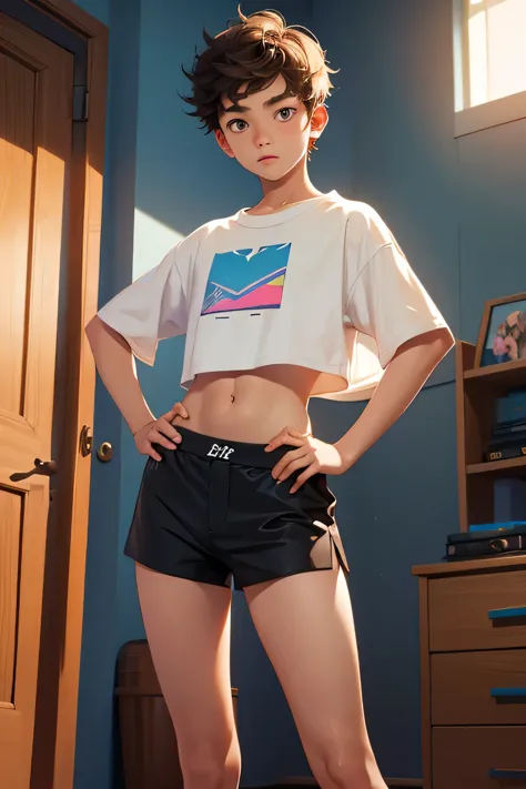 Teen boy 14 years old, boy wears a crop shirt and too very short mini shorts, flirty posing