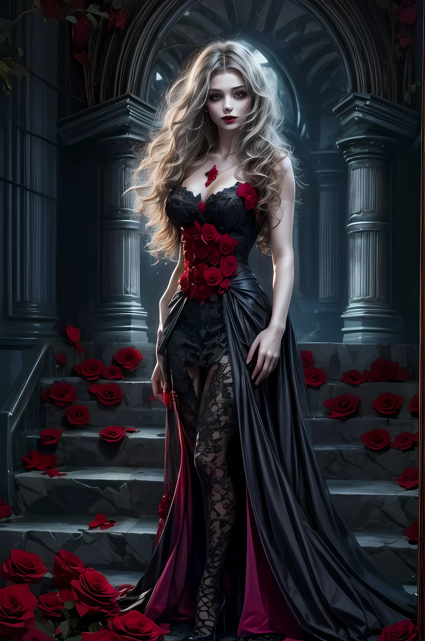 Dark Fantasy-Kunst, Fantasy-Kunst, Gothic Kunst, ein Bild von einem weiblichen Vampir, exquisite Schönheit, Ganzkörperaufnahme, dunkler Glamour-Shot, blasse weiße Haut, dunkelblondes Haar, lange Haare, welliges Haar, (grau: 1.3) Augen, Sie trägt ein (Rot: 1.5) Kleid, ArmoRotDress, the Kleid is decorated with (Schwarz: 1.5) Rosen, betmd, High Heels, dunkler Schlosshintergrund,
 