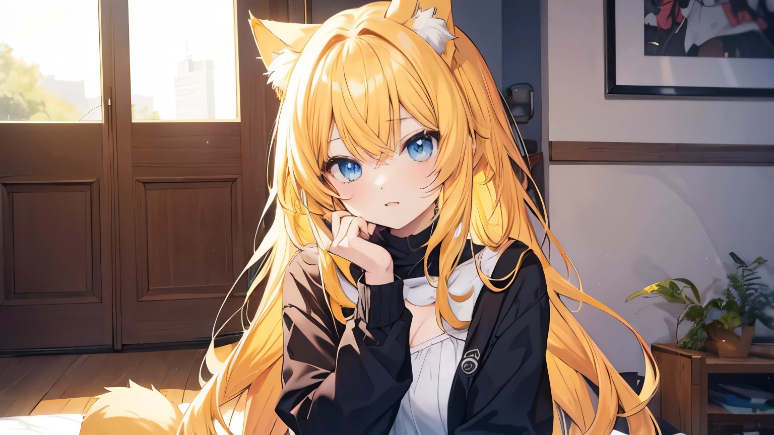 Anime cat girl with yellow hair and blue eyes is cute.