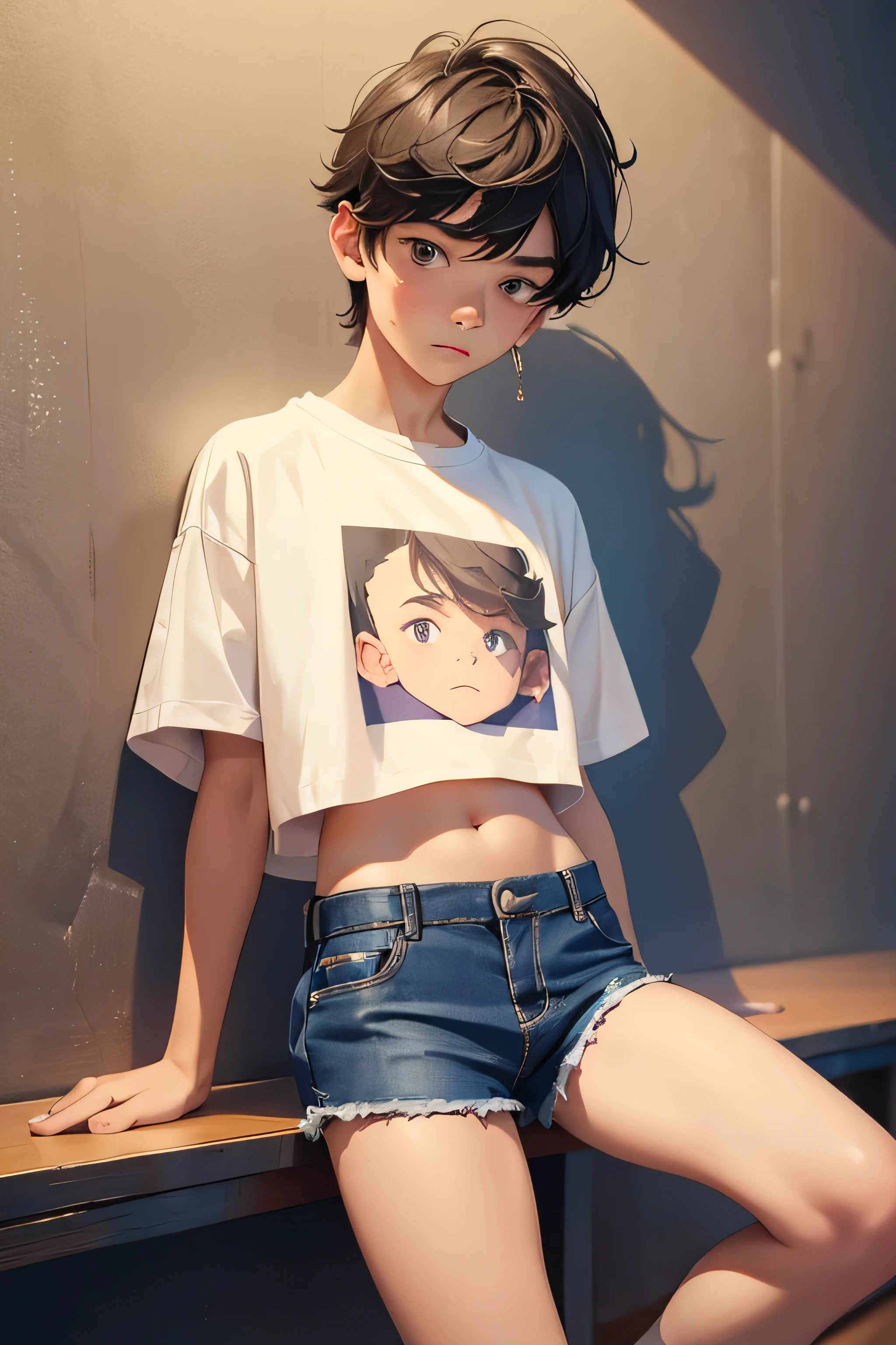 Teen boy 14 years old, boy wears a crop shirt and too very short mini shorts, flirty posing