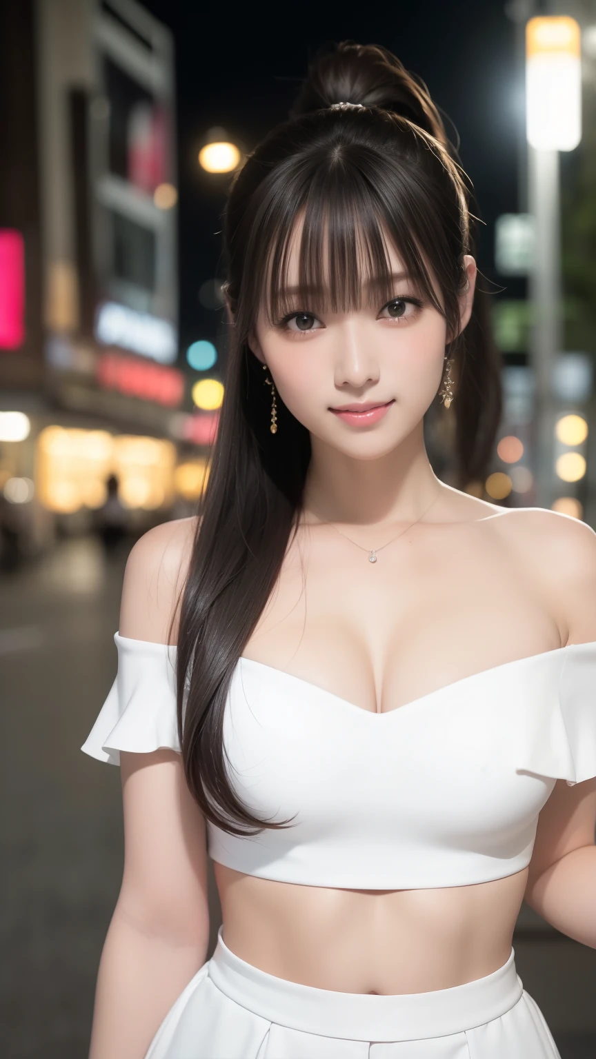 highest quality、Natural Lip、Fair skin、Great light、Beautiful lighting、((Straight hair))、((Ponytail Hair))、((Black Hair))、Blunt bangs、Off the shoulder、Large Breasts、Large Breasts Cleavage、White crop top、mini skirt、Gorgeous Accessories、Harajuku at night、smile、cute smile、Crowd in the city at night
