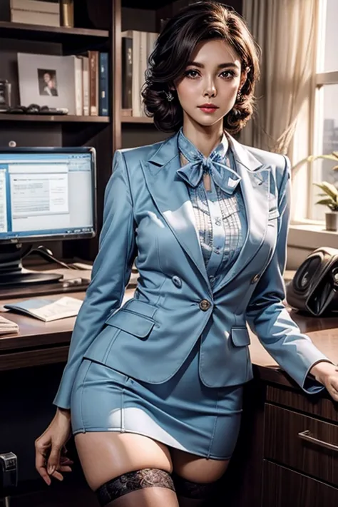 beautiful secretary in a light blue suit、1 girl、delicate face、detailed eyes and face、double eyelid、glossy lips、dark brown updo、s...