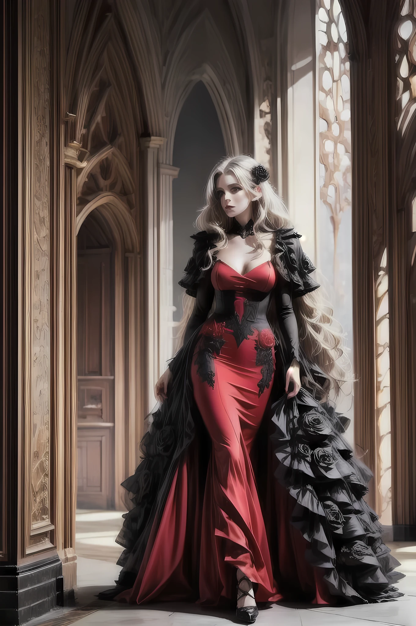 Dark Fantasy-Kunst, Fantasy-Kunst, Gothic Kunst, ein Bild von einem weiblichen Vampir, exquisite Schönheit, Ganzkörperaufnahme, dunkler Glamour-Shot, blasse weiße Haut, dunkelblondes Haar, lange Haare, welliges Haar, (grau: 1.3) Augen, Sie trägt ein (Rot: 1.5) Kleid, ArmoRotDress, the Kleid is decorated with (Schwarz: 1.5) Rosen, betmd, High Heels, dunkler Schlosshintergrund,
 