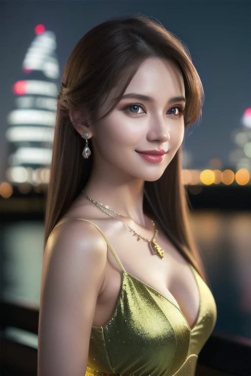 a beautiful russian woman in her 20s, light brown hair, fine white skin, attractive face, tight waist, cleavage, smiling kindly, wearing stylish clothes and necklace, active posing, detailed eyes, nose, lips, long eyelashes, perfectly balanced body, rough hairstyle, (best quality,8k,highres,masterpiece:1.2),ultra-detailed,(realistic,photorealistic,photo-realistic:1.37),HDR,UHD,studio lighting,ultra-fine painting,sharp focus,physically-based rendering,extreme detail description,professional,vivid colors,bokeh,portrait,beautiful night scenery、beautiful eyes，The whole body is shown，futuristic clothes