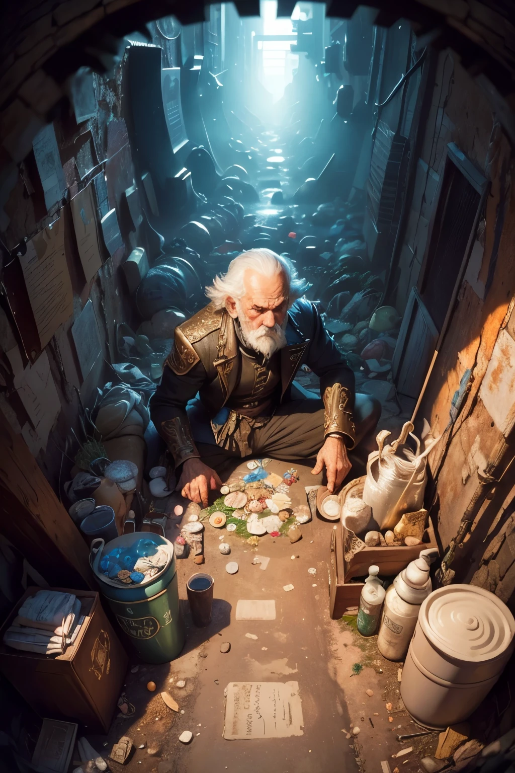 ((Best quality)), ((masterpiece)), ((realistic cartoon)), ((perfect character)): 1Man, An old poor male beggar, drunk, wasted, night、((Brick underground tunnel、Dark sewage tunnel、Littered with filth、Sewage channels full of feces、a lot of garbage and junk、The dirtiest sewer)). Every element of this masterpiece is carefully designed to create a sense of realism and immersion. The intricacies of the genius clothes, the mesmerizing effects of his evil power, and the level of detail in his greedy face all contribute to a captivating visual experience. This artwork is presented in stunning UHD resolution, allowing you to appreciate every nuance and intricacy in breathtaking detail. View from above,fisheye, scenic, masterpiece,mtg art,magic the gathering art.