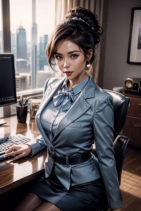 beautiful and sexy secretary in a light blue suit、1 girl、delicate face、detailed eyes and face、double eyelid、glossy lips、dark bro...