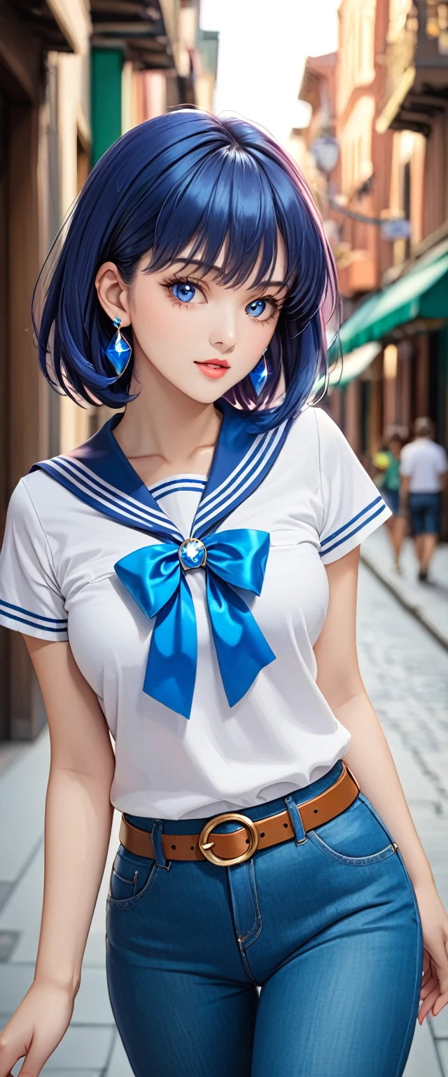 (best quality, masterpiece:1.2), 1girl, beautiful face, beautiful body, Sailor Mercury, earrings, denim, belt, vibrant colors, realistic lighting, detailed shading, professional portrait, dynamic pose, urban background